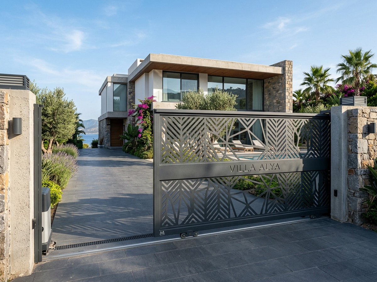 Laser-cut perforated metal sliding gate modern design